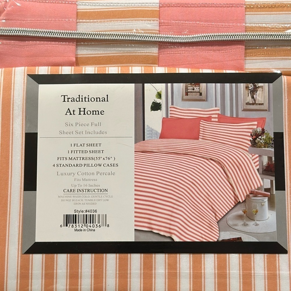 Traditional At Home 6pc Full Sheet Set peach -pink with white stripes - Picture 2 of 8